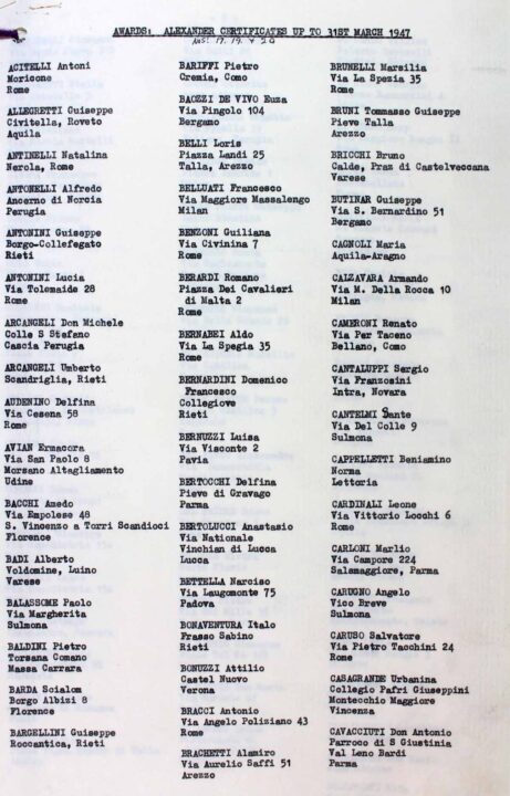 List of around 50 names and addresses of Italian people headed 'Awards: Alexander Certificates up to 31st March 1947'.