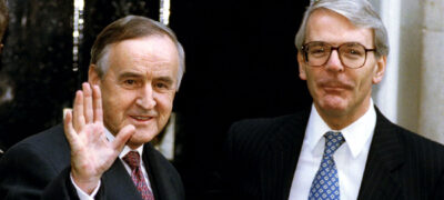 Irish Prime Minister Albert Reynolds (left) being greeted by the UK Prime Minister John Major (right) outside 10 Downing Street in central London December 15, 1993 after signing the Downing Street Declaration.