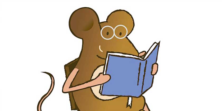 Cartoon of a mouse reading a book.