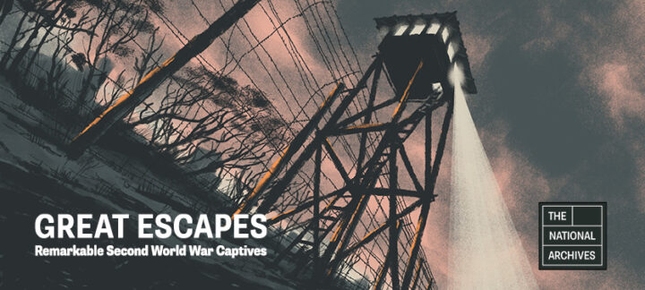 A charcoal grey and pale pink illustration of a watchtower and barbed wire fence with a light coming from the watchtower. The words in white text read 'Great Escapes: Remarkable Second World War Captives' with The National Archives' logo