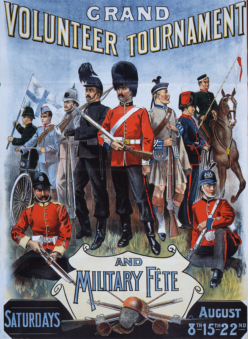 Poster with an illustration of a group of men posing in different military uniforms.