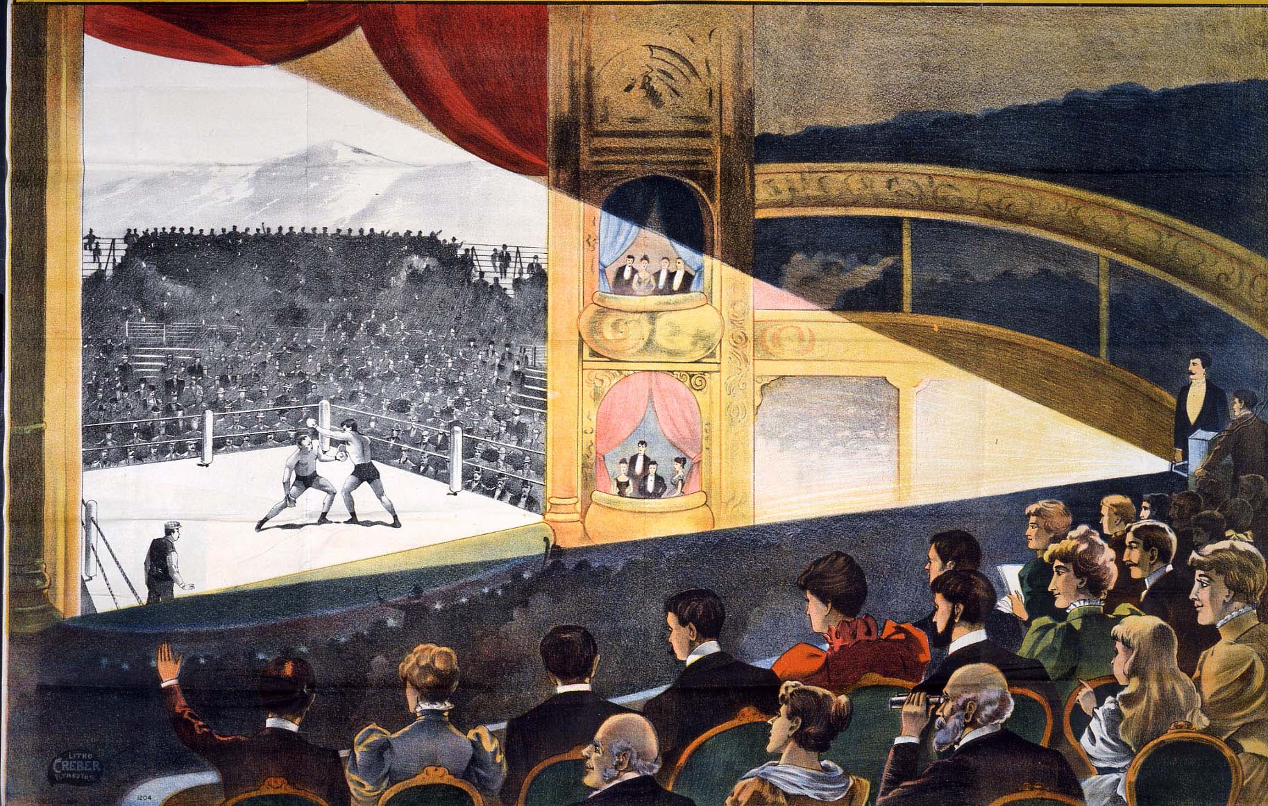 Illustrations of a group of people in a theatre watching a black and white film of a boxing match projected on a large screen.