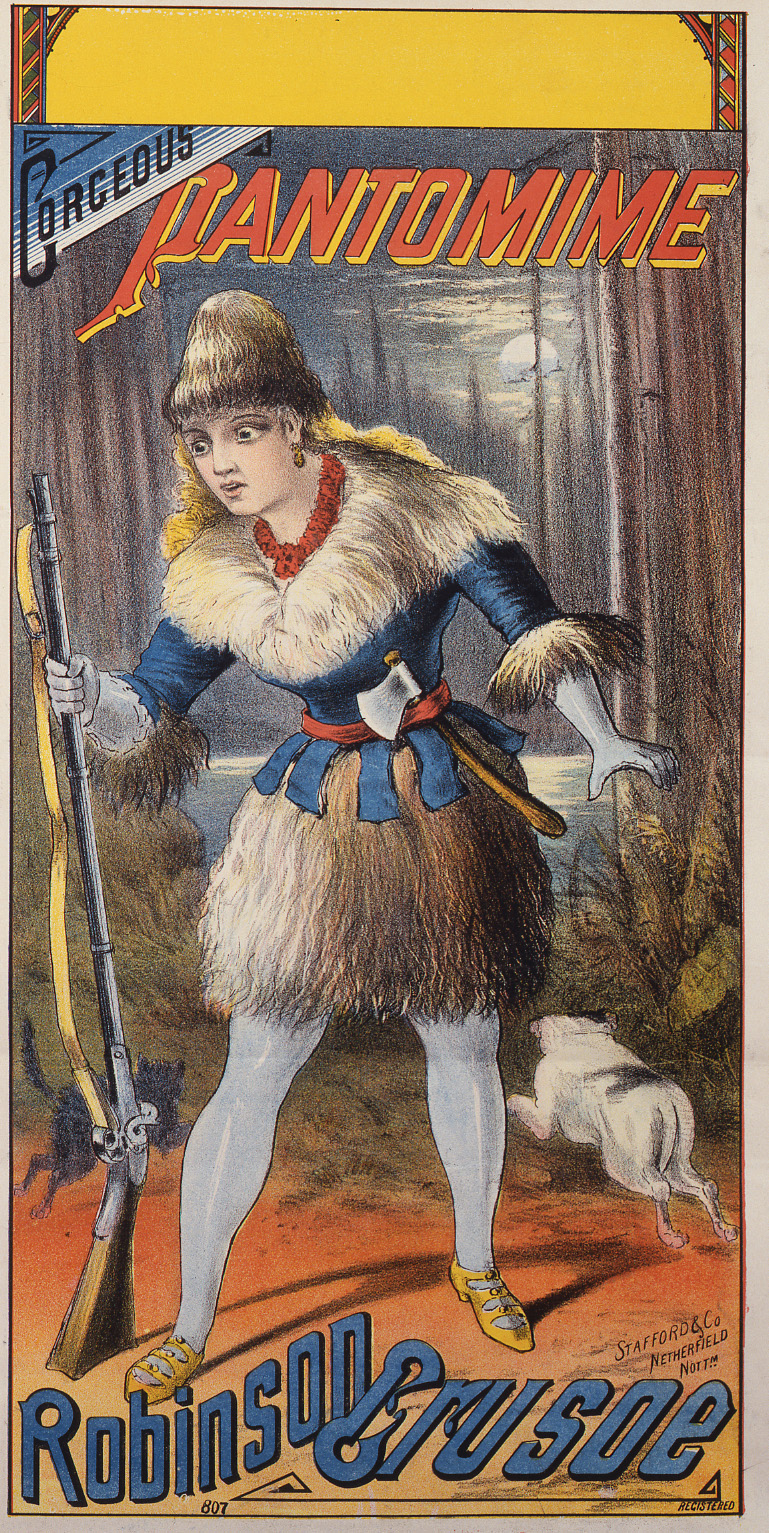 Poster with illustration of a man with long blond hair dressed in a fur hat, skirt and jacket, holding a musket and with an axe in his belt. A dog runs behind him.