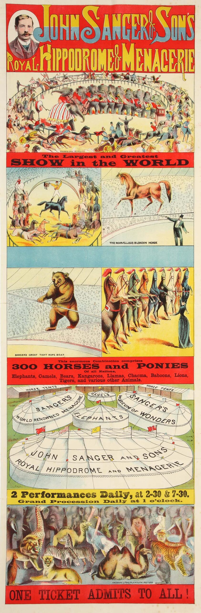 Poster with different sections of texts interspersed with illustrations from a circus.