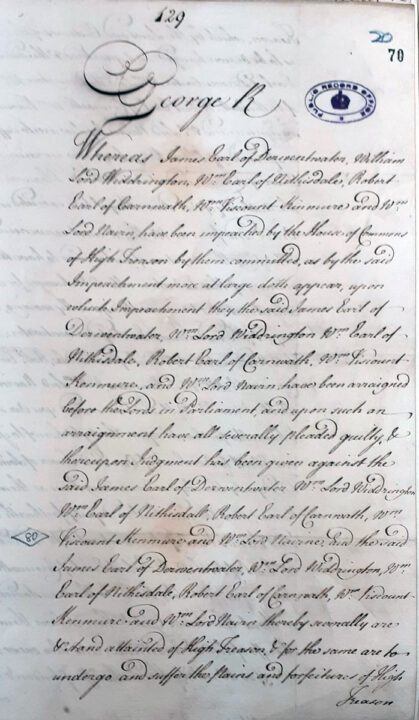 A handwritten document written in one long paragraph. There is a stamp at the top.