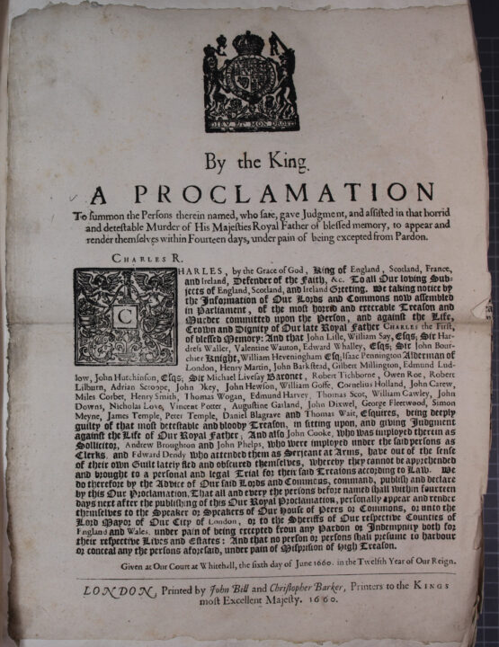 A printed document with large first initial and royal crest above. Some details are printed in a second font giving the look of a filled in templated proclamation.
