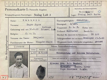 Printed form in German filled in with typewritten text and including Roger's photo and fingerprint.