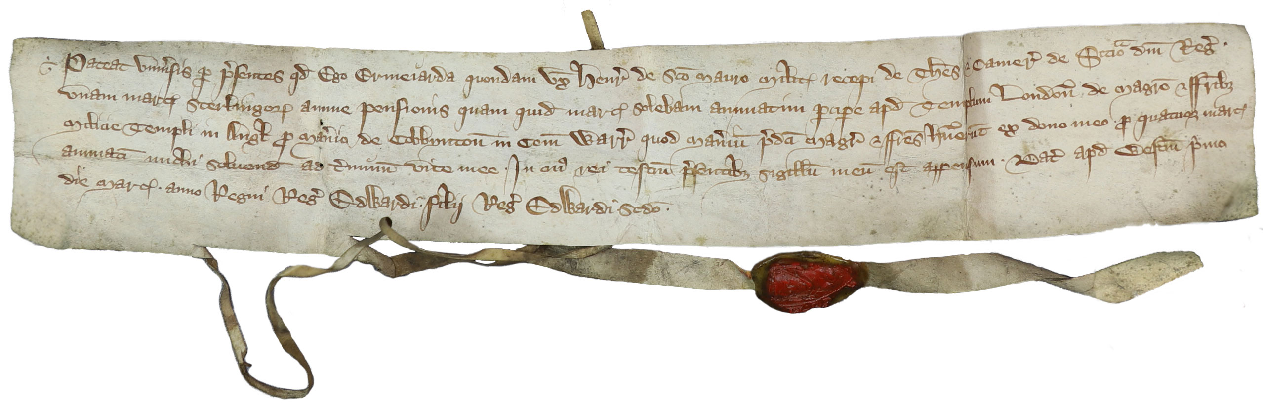 Parchment with a red seal attached. The seal is an image of a woman wearing a traditional widow’s headdress.