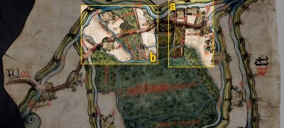 St Mary’s Abbey Map, details highlighted. The box labelled A highlights a stone cross set up on the road. The box labelled B highlights a section of the road that goes through two of the fields.
