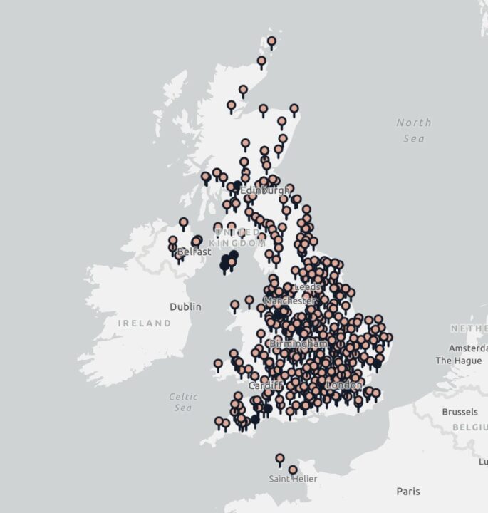 Screencapture of a digital map of the British Isles showing the locations of hundreds of prisoner of war and internment camps