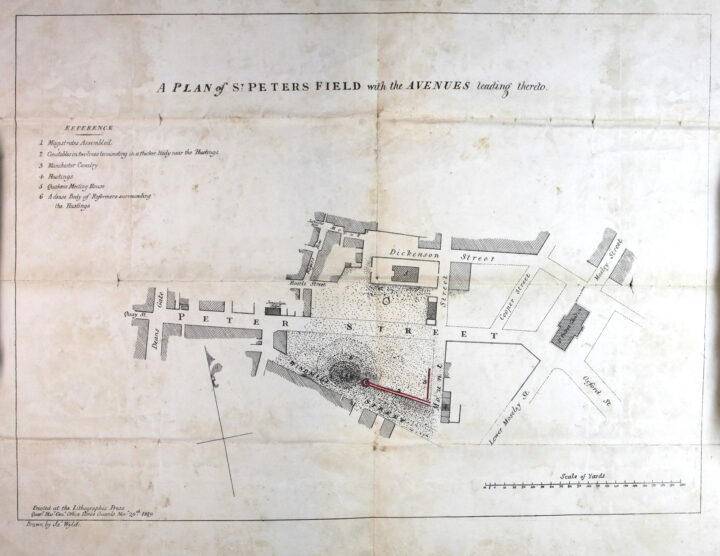 Map titled "A plan of St Peters Field with the Avenues leading thereto". The map shows streets and buildings surrounding St Peters field. Small dots represent the crowd in the square. The dots are especially dense surrounding the raised stage in the square. A red line shows the path of the yeomanry as they cut through the crowd towards the stage.