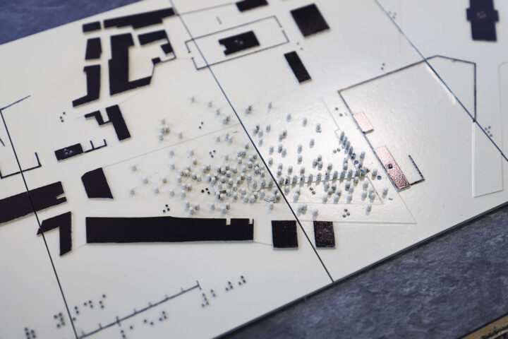 Close-up of the raised dots representing the crowd in the square. The small stage is also visible.