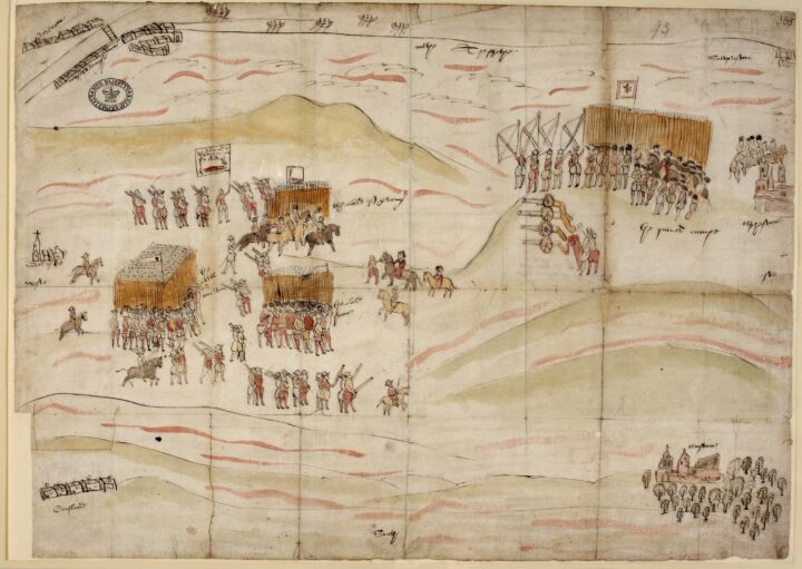Illustration of two Tudor-era armies meeting. The army on the left is on top of a hill. Both armies have soldiers with horses, muskets and large spiked wooden pikes. In the middle, Queen Mary is seen on a horse to meet the opposing army.
