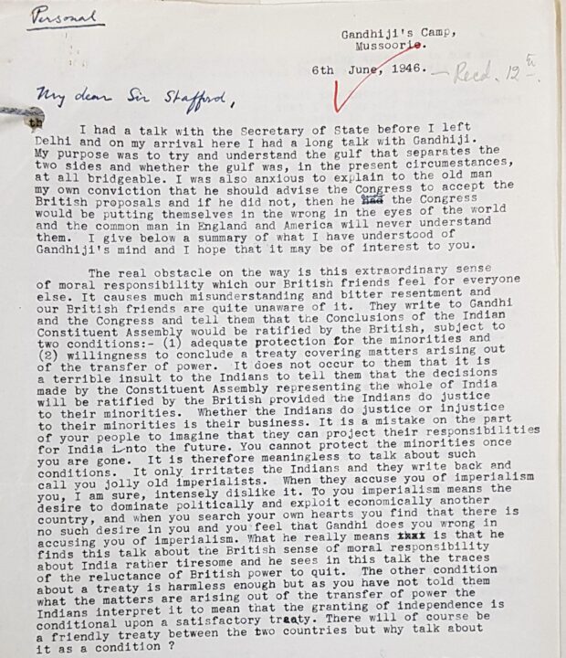 A typed letter made out to 'my dear Sir Stafford' dated 6 June 1946.