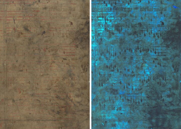 Two equally sized images side by side of a close up of a document. The image on the left is visible light showing a brown document with red lines and dark smudges. It is not apparent what it depicts. The image on the right is luminescent blue, produced by UV-induced visible luminescence imaging, revealing that the image on the left is musical notes.
