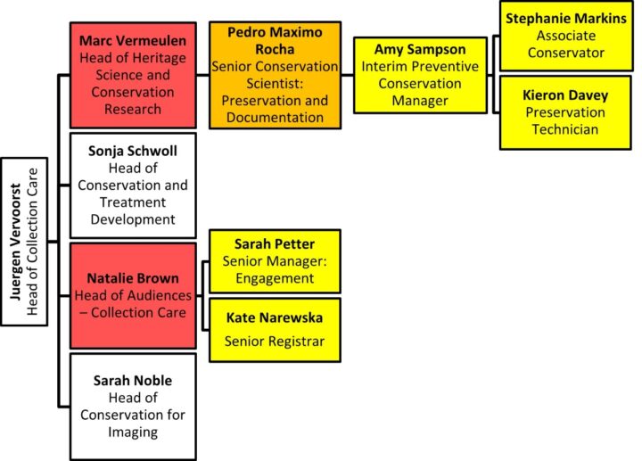 An organisational chart showing the active team members of the international heritage science and conservation community. This includes conservation scientists, conservators, engagement specialists and registrars.