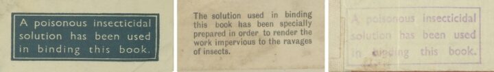 A collection of three labels indicating insecticide has been used in the binding of the documents.