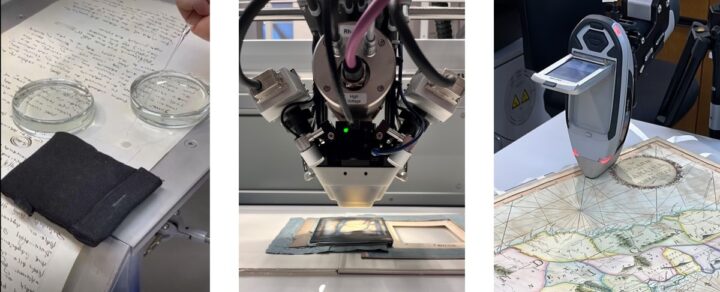 A collection of three images showing scientific analysis of archival materials using different instruments.