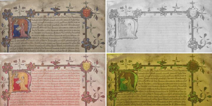 An image showing a page from a manuscript, repeated four times in different light. Top left is visible, top right is black and white, bottom left is red in colour, and bottom right is yellow in colour.