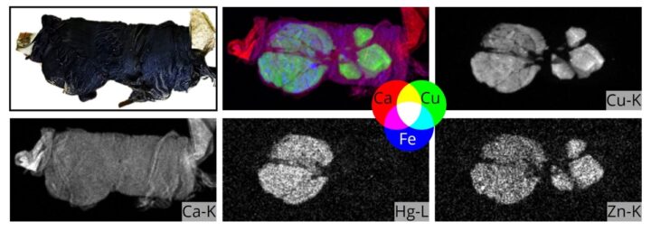 An image of a black seal bag, photographed under five different lights to show the contents inside without opening. There are six images in total across two rows. Each image is an analysis for a different material, with the seals fluorescing or imaging differently depending on their material composition.