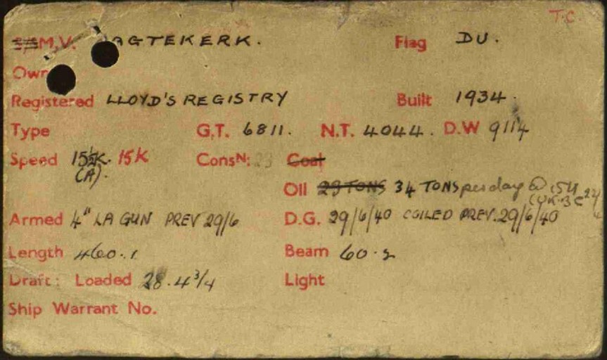 Yellowed printed card with two holes punched in the corner.