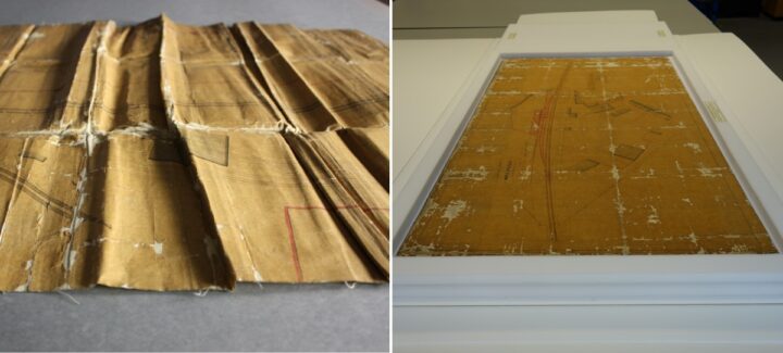 Two images of a brown map are side-by-side. The left image shows a crumpled and torn map. On the right, the map has been conserved, flattened and encased in a folder, surrounded by a white foam border, to facilitate safe access.