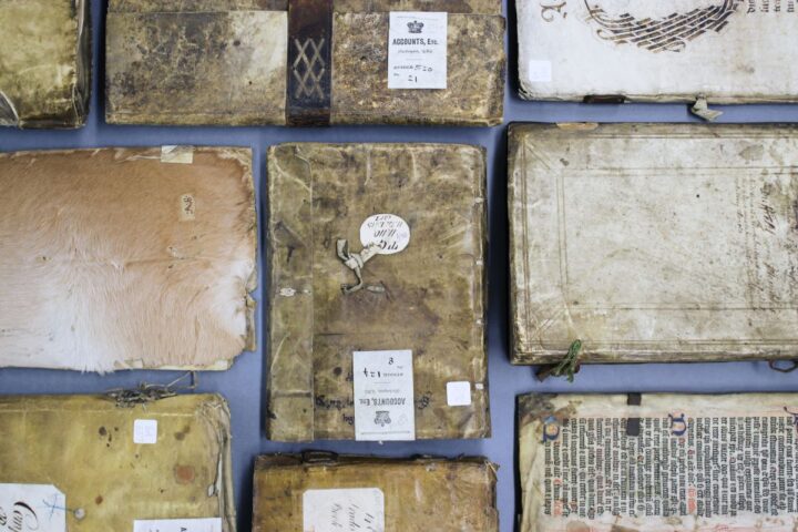 A collection of books lying flat on a table at horizontal and vertical angles. They are from our limp parchment binding collection and have beige coloured parchment covers. One cover on the left of the image is covered in light brown hair.