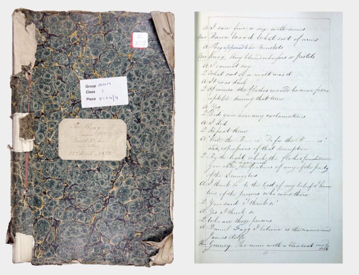 Two images of the same document. One is the front cover, which has a marble like design and features stickers of its description. The other image is from inside the record and is a handwritten transcript of a trial.