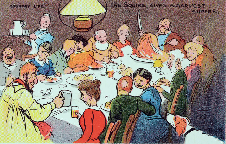Illustration of a big gathering at a rural British dinner table in 1907. People are laughing, talking, eating, and drinking.