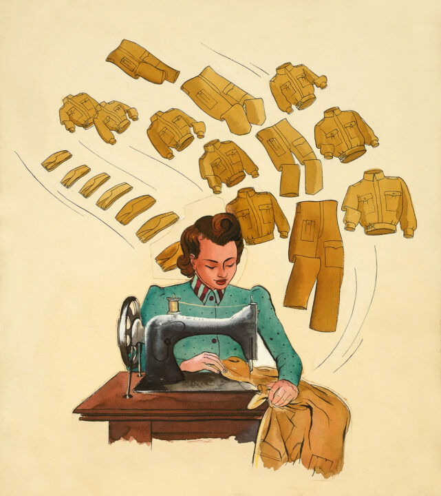 Illustration of a white British woman sitting by a sewing machine. Multiple copies of the soldier's clothing that she is sewing fly behind her in an artistic representation of her work.