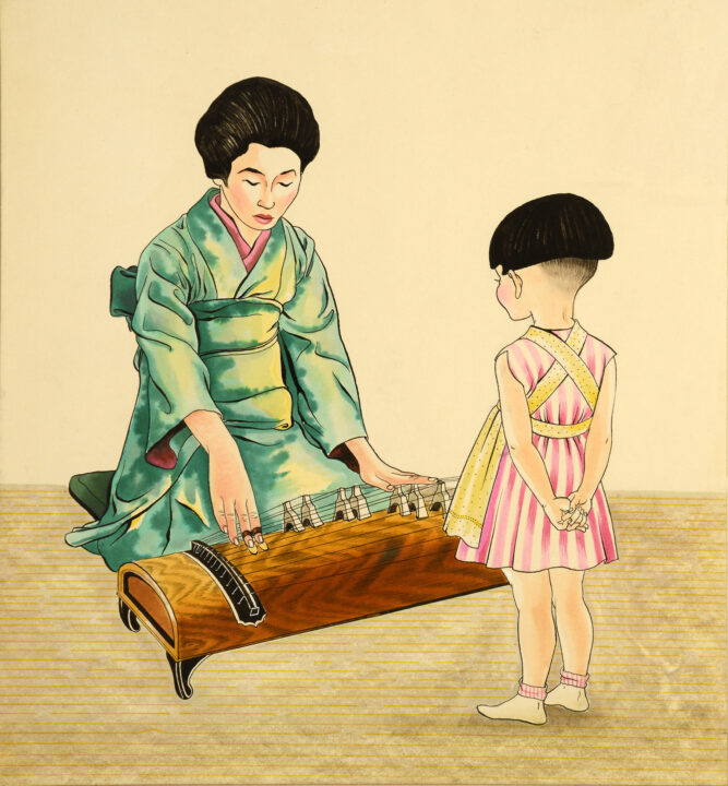 Illustration of a Japanese woman kneeling by a koto instrument, plucking its strings as it sits on the ground. A small child stands in front of her and watches.