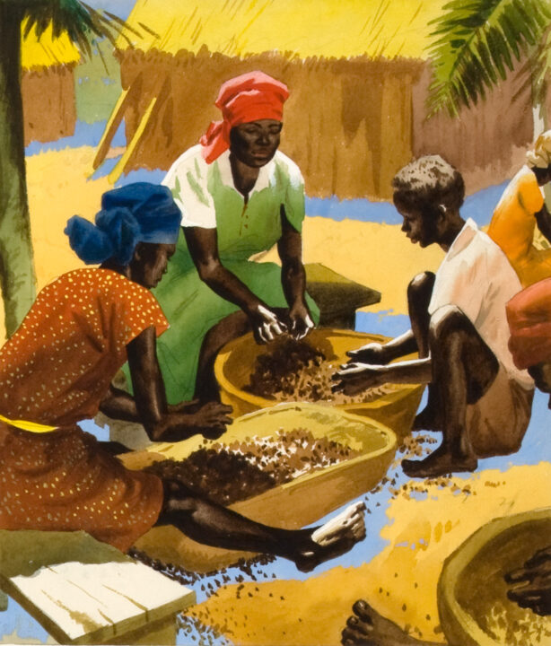 Illustration of two women and a child sitting together around two big baskets of nuts. They are shelling the nuts together.