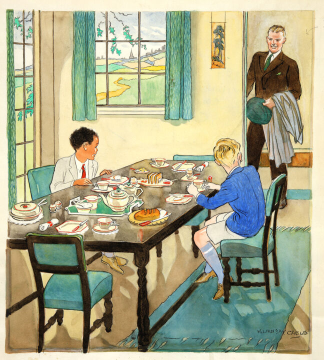 Illustration in which two young boys sit at a table set for breakfast. One is Egyptian and one is white British. A blonde man in a suit looks at them in the doorway.
