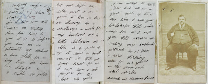 Handwritten text on paper alongside a sepia-toned photograph of a man in a waistcoat and suit sitting on a stool and gazing at the camera.