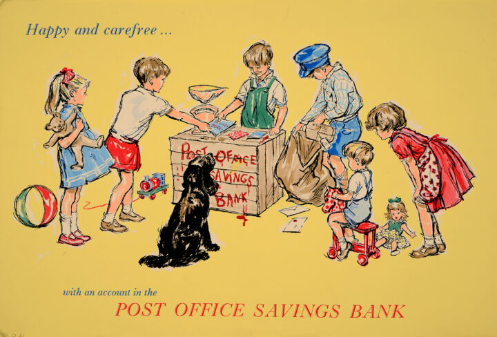 Colour illustration of a group of blond British children playing post office. A boy stands behind a box with the words "Post Office Savings Bank" painted on it. Another boy hands him a book labelled "Savings book". A third boy wearing a postman's cap is putting a package into a sack. Two small girl and a younger boy watch the three boys.