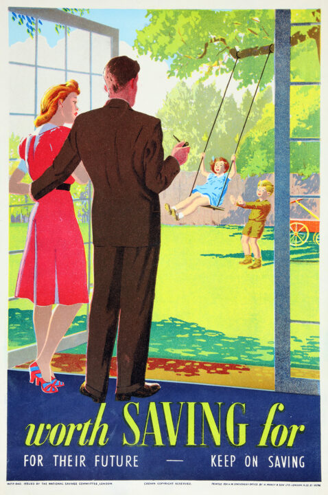 Poster featuring an illustration of a white British family in their backyard. The mother and father stand together in the doorway and watch the young boy and girl play on a swing tied to a tree.