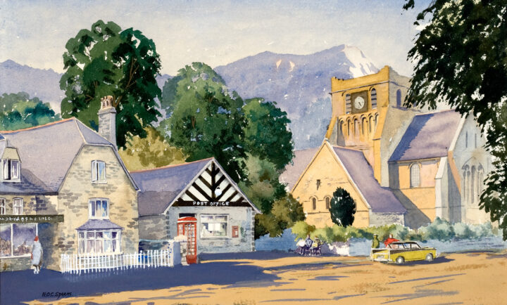 Watercolour painting of a town in North Wales in the nineteen-fifties. Three quaint buildings are next to a church. A car is parked next to the church and two people lean against it, looking at the church.