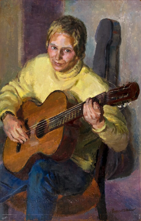 Painting of a young person sitting on a chair and playing the guitar. He has short blonde hair and wears a yellow jumper.