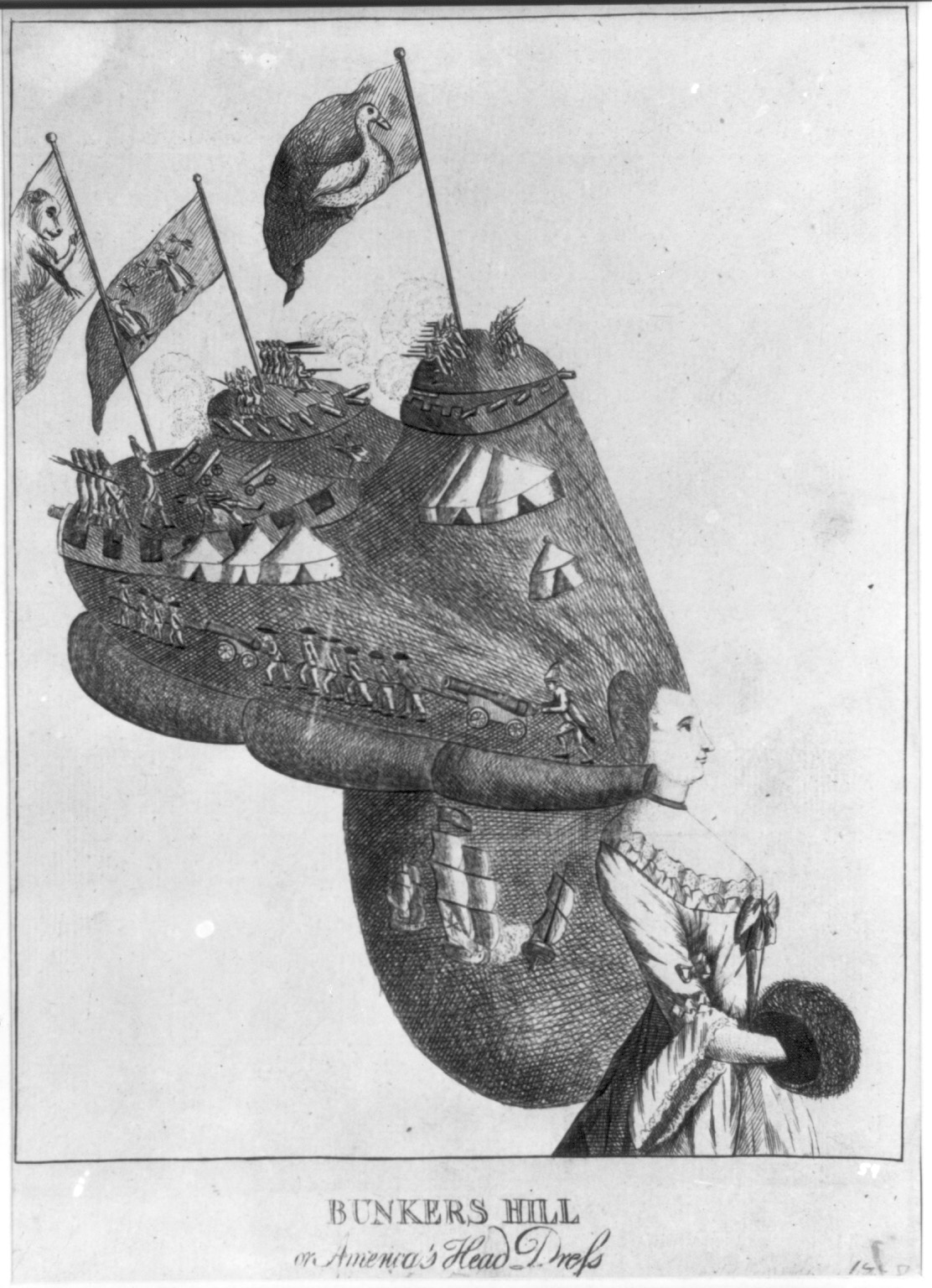 Satirical cartoon featuring a woman with an exaggerated hairdo filled with imagery relating to the American Revolution.