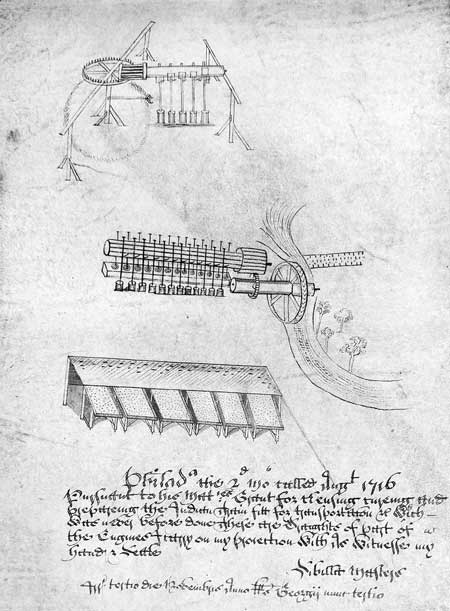 A patent showing three drawings of an invention used to process corn. There is illegible text below.