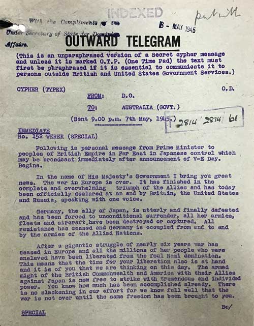 Typewritten document on a template marked 'Outward Telegram'.