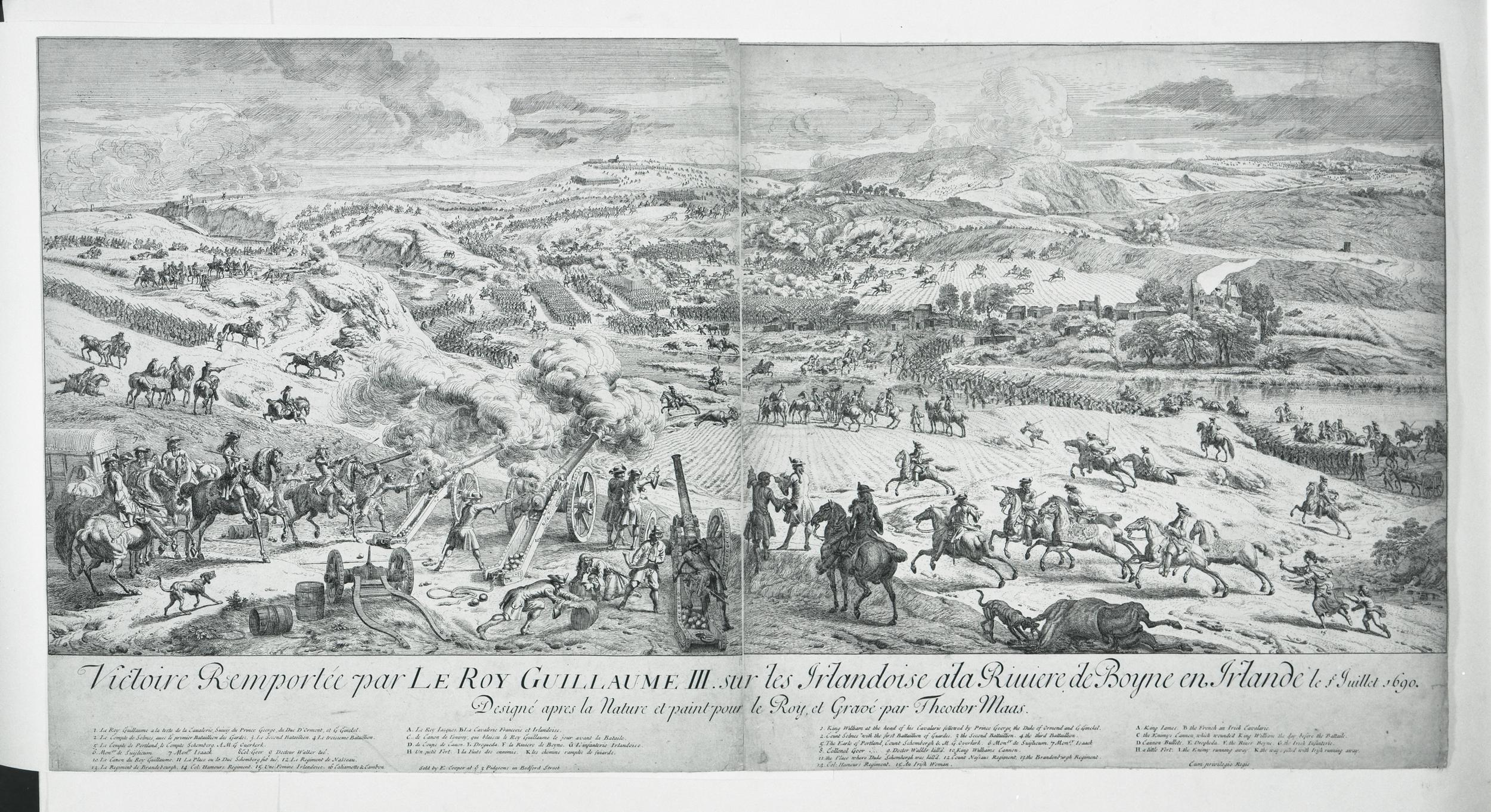 Etching shows the landscape with a complete view of the Battle of the Boyne. The foreground shows the cannon with William III with his officers on horseback to the left. The title is only given in French, but the description underneath is in both French and English. According to curators at the British museum this is because the print is based on the huge engravings that Louis XIV had had made to impress his victories on the rest of Europe.