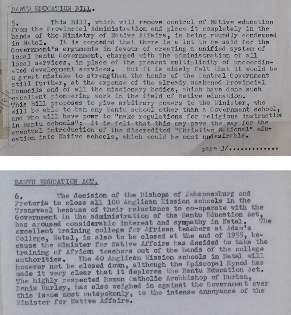 extracts showing the Bantu education Bill and Bantu Education Act