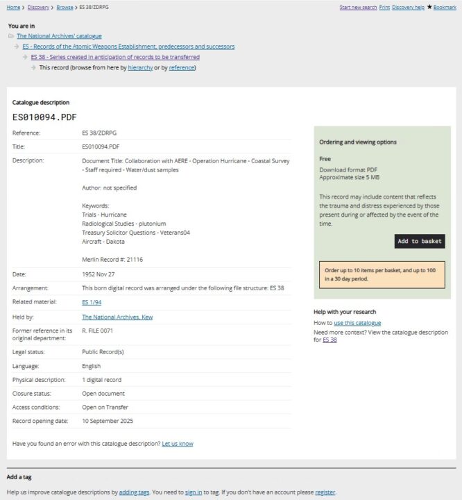 Screenshot of catalogue entry ES 38/ZDRPG