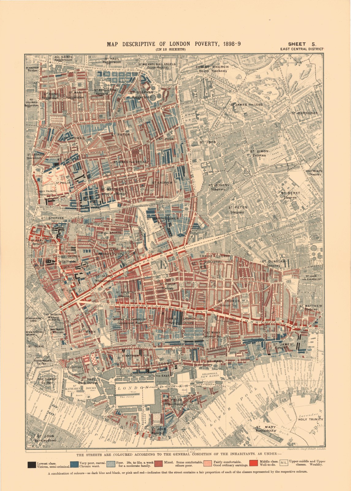 Map using colour to show concentrations of poverty in the East End of London, including Whitechapel. Different shades of blue, corresponding to the most poor, can be found throughout Haggerston, Bethnal Green, right about Whitechapel road, in certain spots above the docks. Shades of red, indicating more comfortable households, can be found throughout these areas, with the greatest concentration being in between Whitechapel Road and Commercial Road. Whitechapel Road and Commercial Road are lined in bright red, indicating middle-class or well to-do households.