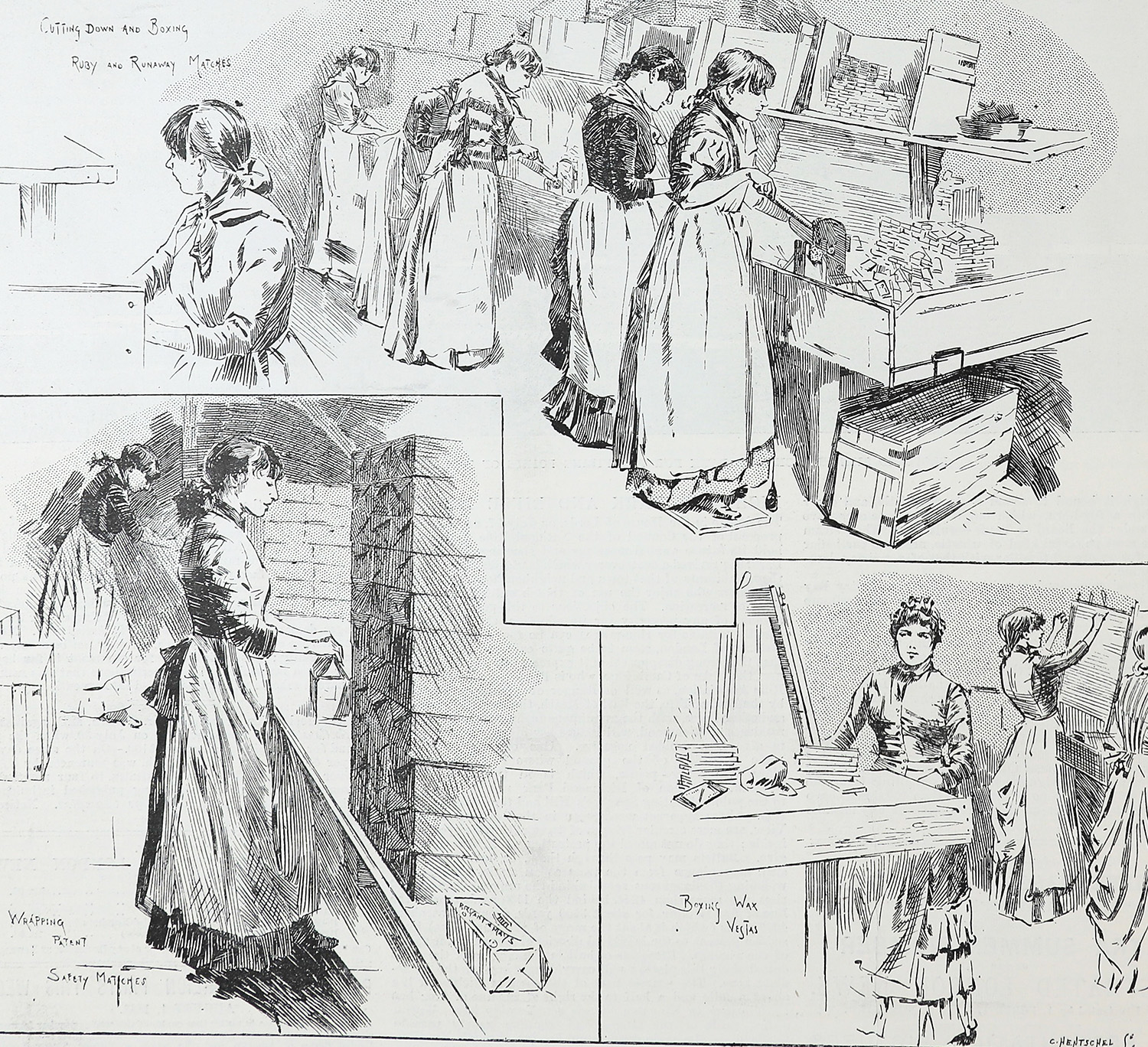 Illustrations of women working in a matchstick factory. There are three different illustrations of different tasks. Women are standing next to tables with machinery and tools and working with their hands.
