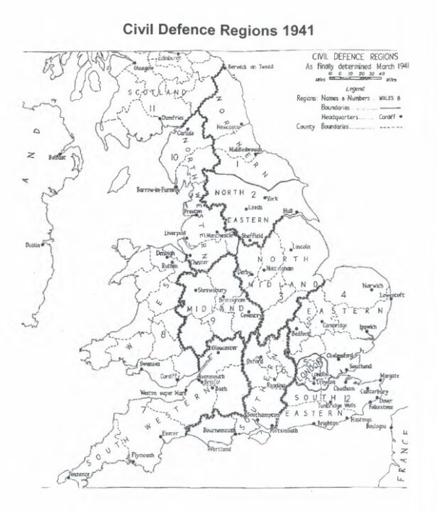 A black and white map of England showing the country divided up by dotted lines representing civil defence regions.