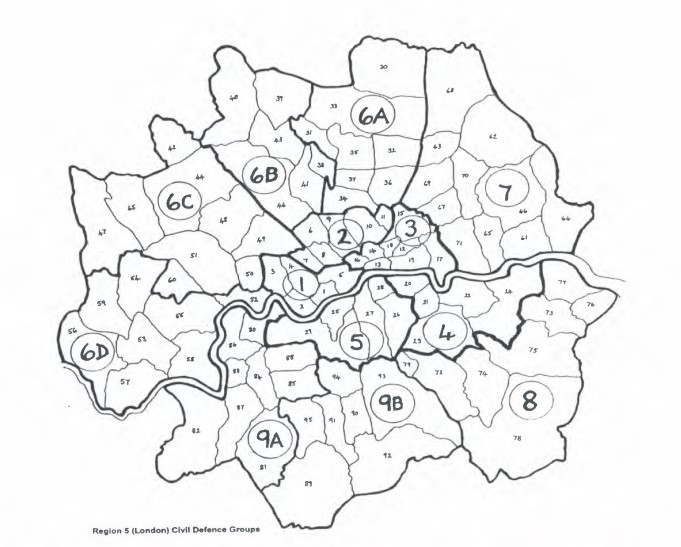 A black and white map of London showing the city divided up by dotted lines representing civil defence groups.