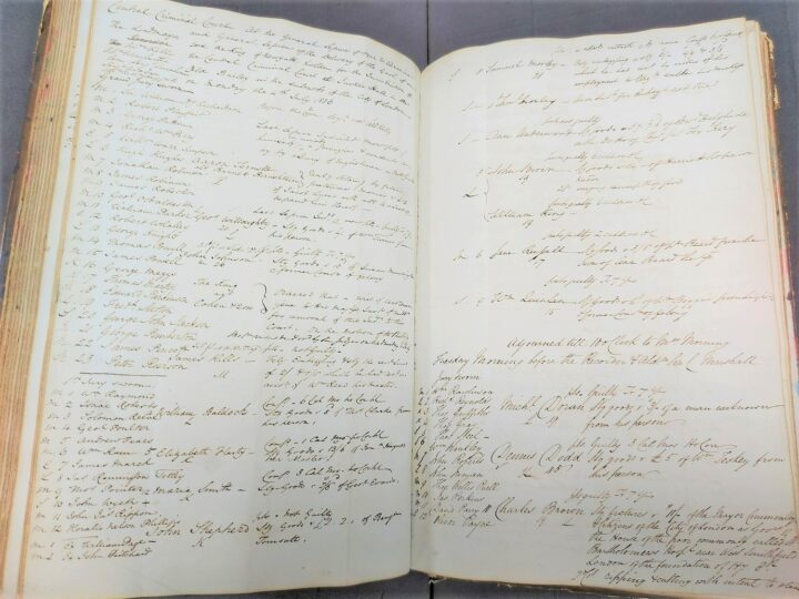 A bound volume open showing two pages of handwritten lists.