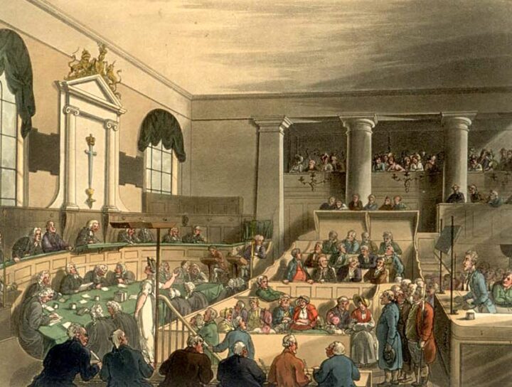 Coloured drawing of the Old Bailey in session in the 19th century.
